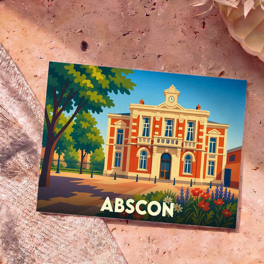 Carte postale souvenir de la ville d'Abscon illustrant son hôtel de ville dans un style graphique coloré.