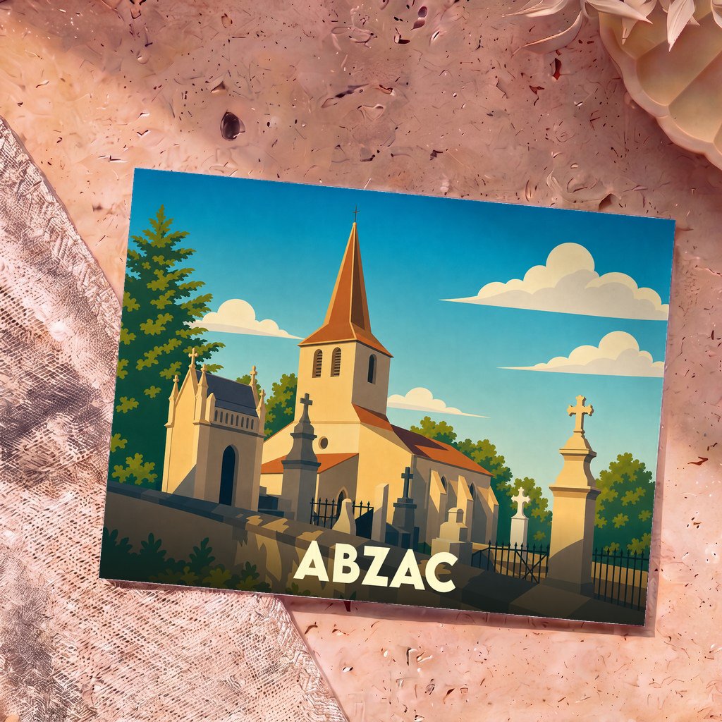 Carte postale souvenir de la ville d'Abzac avec une illustration stylisée de son église et de son cimetière.
