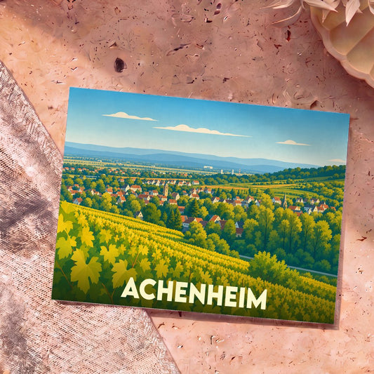 Carte postale souvenir de la ville d'Achenheim avec une illustration stylisée de son vignoble.