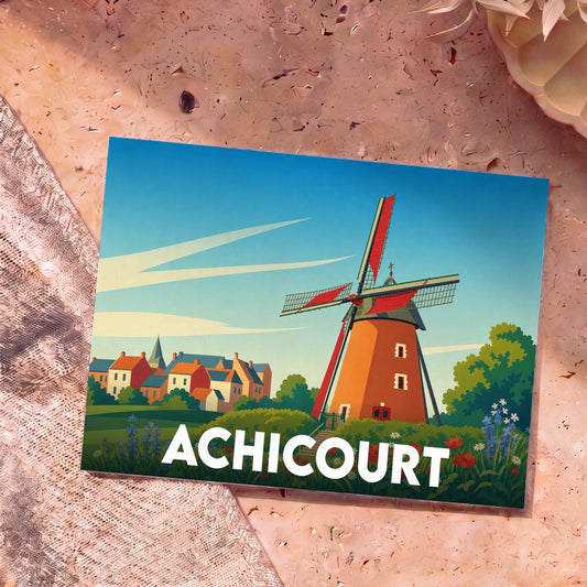 Carte postale souvenir de la ville d'Achicourt avec une illustration stylisée d'un moulin à vent traditionnel.