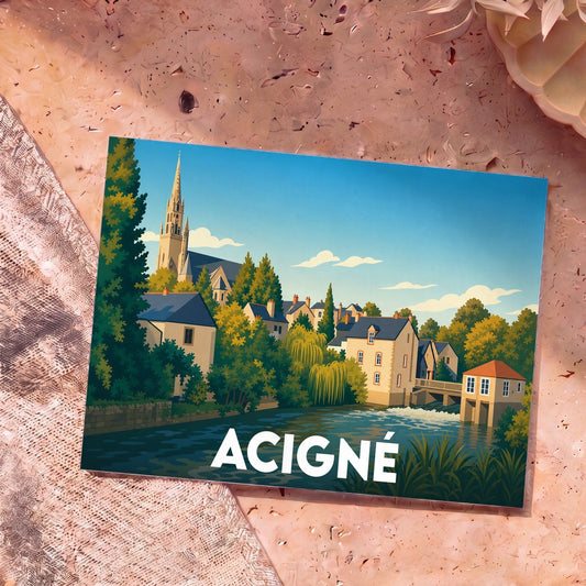 Carte postale souvenir de la ville d'Acigné avec une illustration stylisée montrant l'église et les maisons au bord de l'eau.