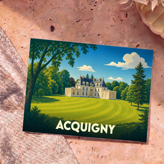 Carte postale souvenir de la ville d'Acquigny représentant son château et son parc dans un style illustré.