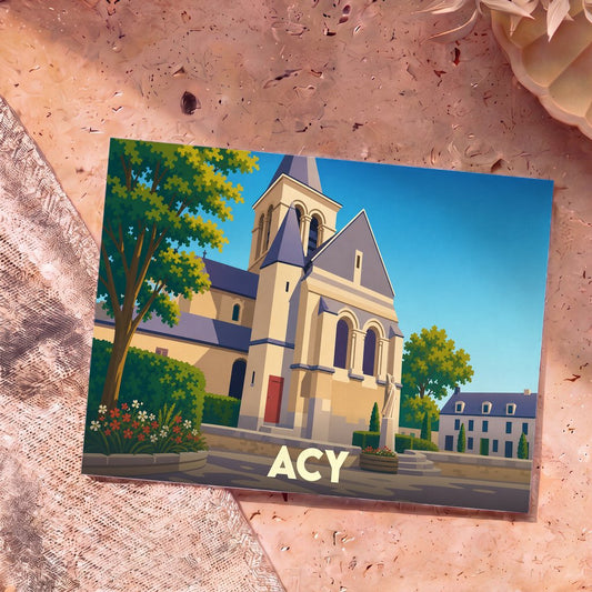 Carte postale souvenir de la ville d'Acy avec une illustration stylisée de son église sous un ciel bleu.