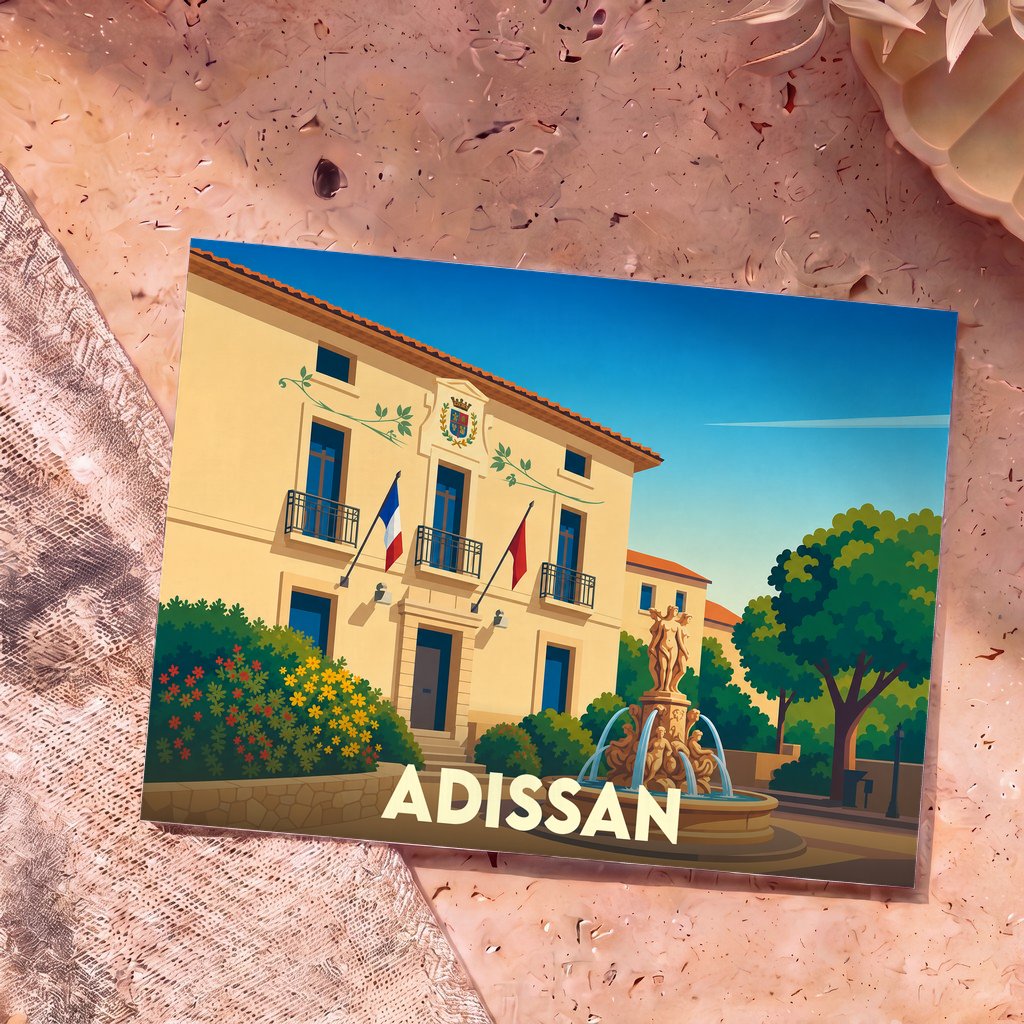 Carte postale souvenir de la ville d'Adissan avec une illustration stylisée de sa mairie et d'une fontaine.