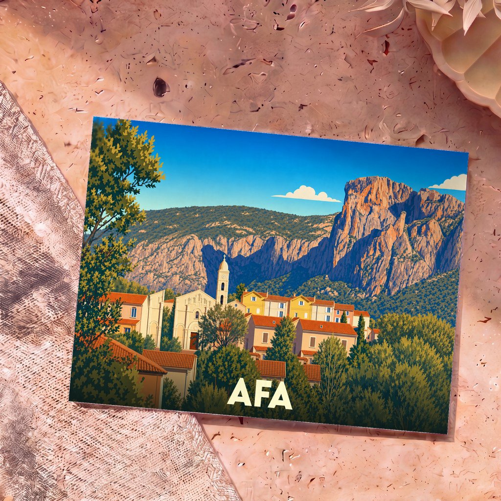 Carte postale souvenir de la ville d'Afa avec une illustration stylisée de son église et des montagnes environnantes.
