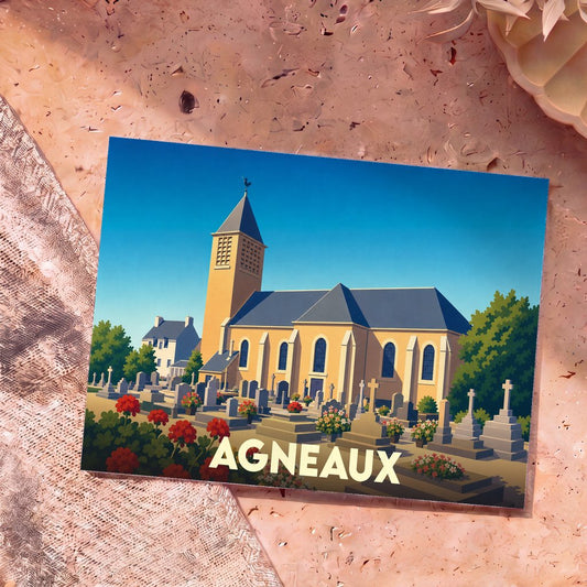 Carte postale souvenir de la ville d'Agneaux représentant son église et son cimetière fleuri dans un style illustré.