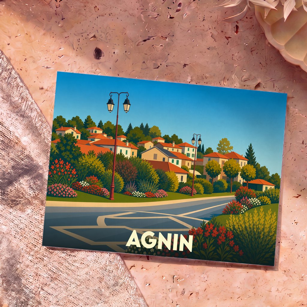 Carte postale souvenir de la ville d'Agnin avec une illustration stylisée d'un village fleuri.