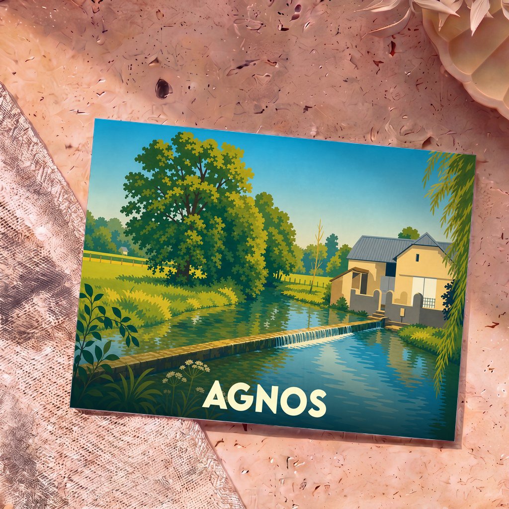 Carte postale souvenir de la ville d'Agnos représentant une illustration stylisée d'un moulin au bord de l'eau.