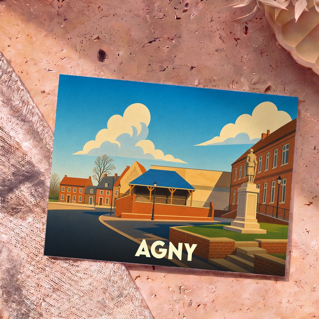 Carte postale souvenir de la ville d'Agny avec une illustration stylisée de sa place principale.