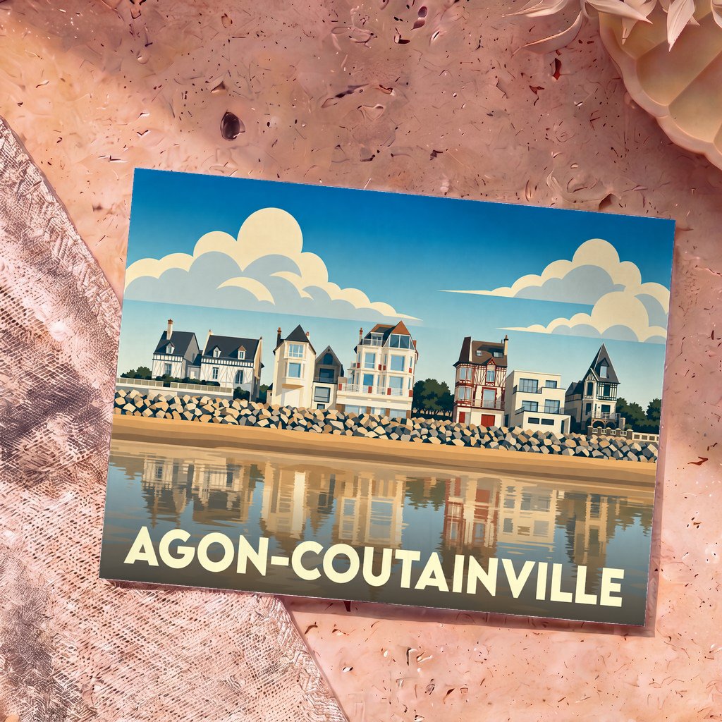Carte postale souvenir de la ville d'Agon-Coutainville illustrant une rangée de villas colorées face à la mer.