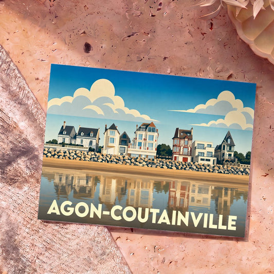 Carte postale souvenir d'Agon-Coutainville illustrant ses villas de front de mer dans un style graphique épuré.