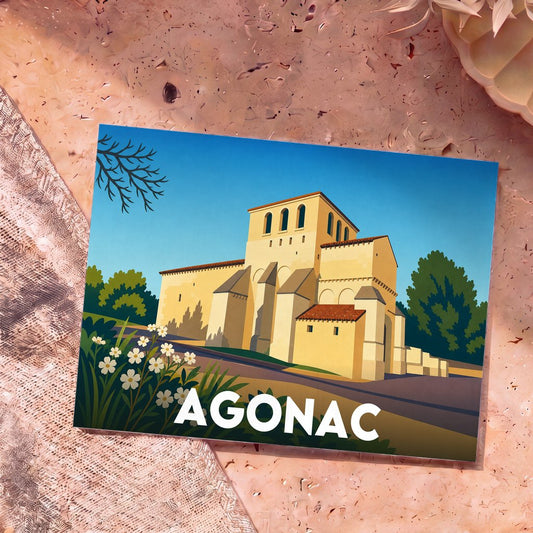 Carte postale souvenir de la ville d'Agonac illustrant son église médiévale dans un style épuré et coloré.