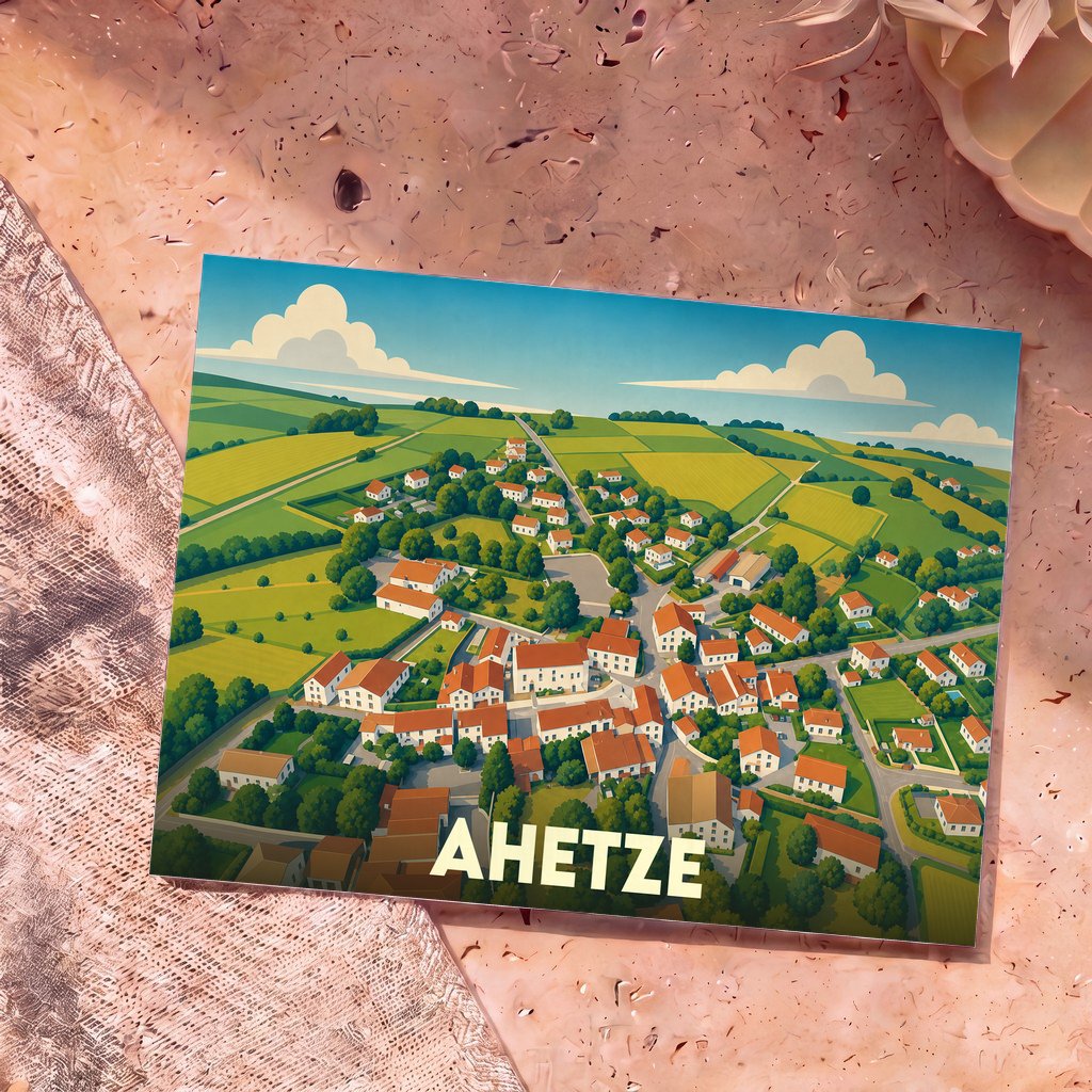 Carte postale souvenir de la ville d'Ahetze avec une illustration stylisée d'un village basque entouré de collines verdoyantes.