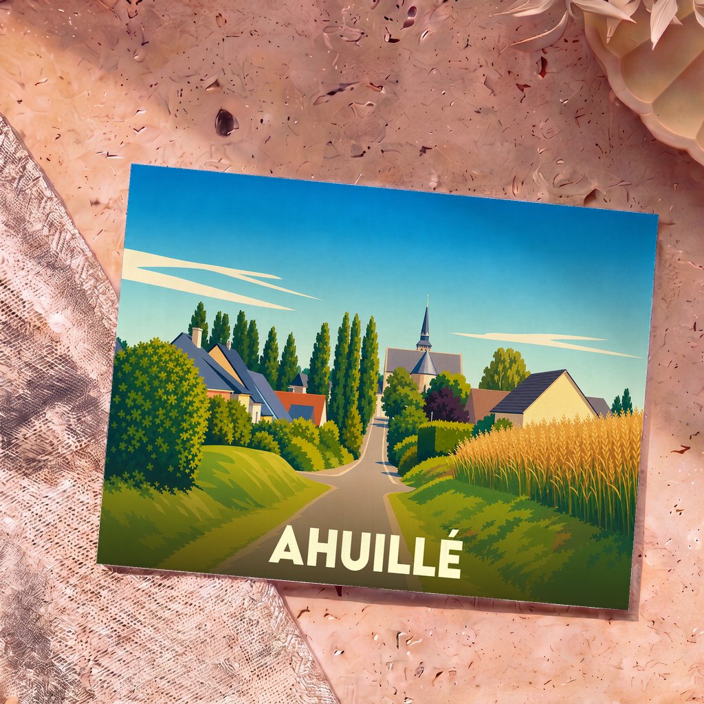 Carte postale souvenir de la ville d'Ahuillé avec une illustration stylisée et colorée du village.