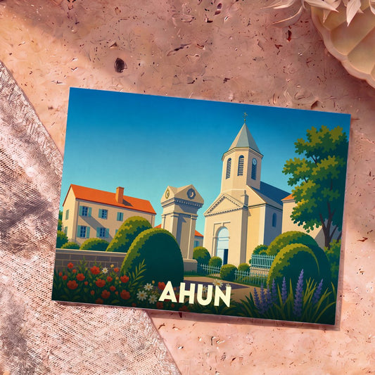 Carte postale souvenir de la ville d'Ahun avec une illustration stylisée de son église et de ses jardins.