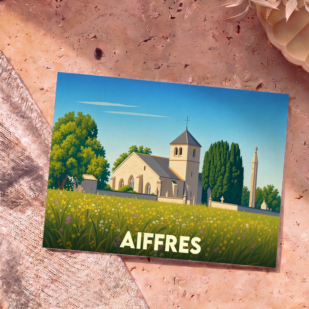 Carte postale souvenir de la ville d'Aiffres illustrant son église et un champ de fleurs dans un style épuré.