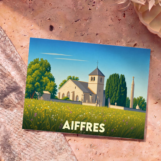 Carte postale souvenir de la ville d'Aiffres illustrant son église et un champ de fleurs dans un style épuré.