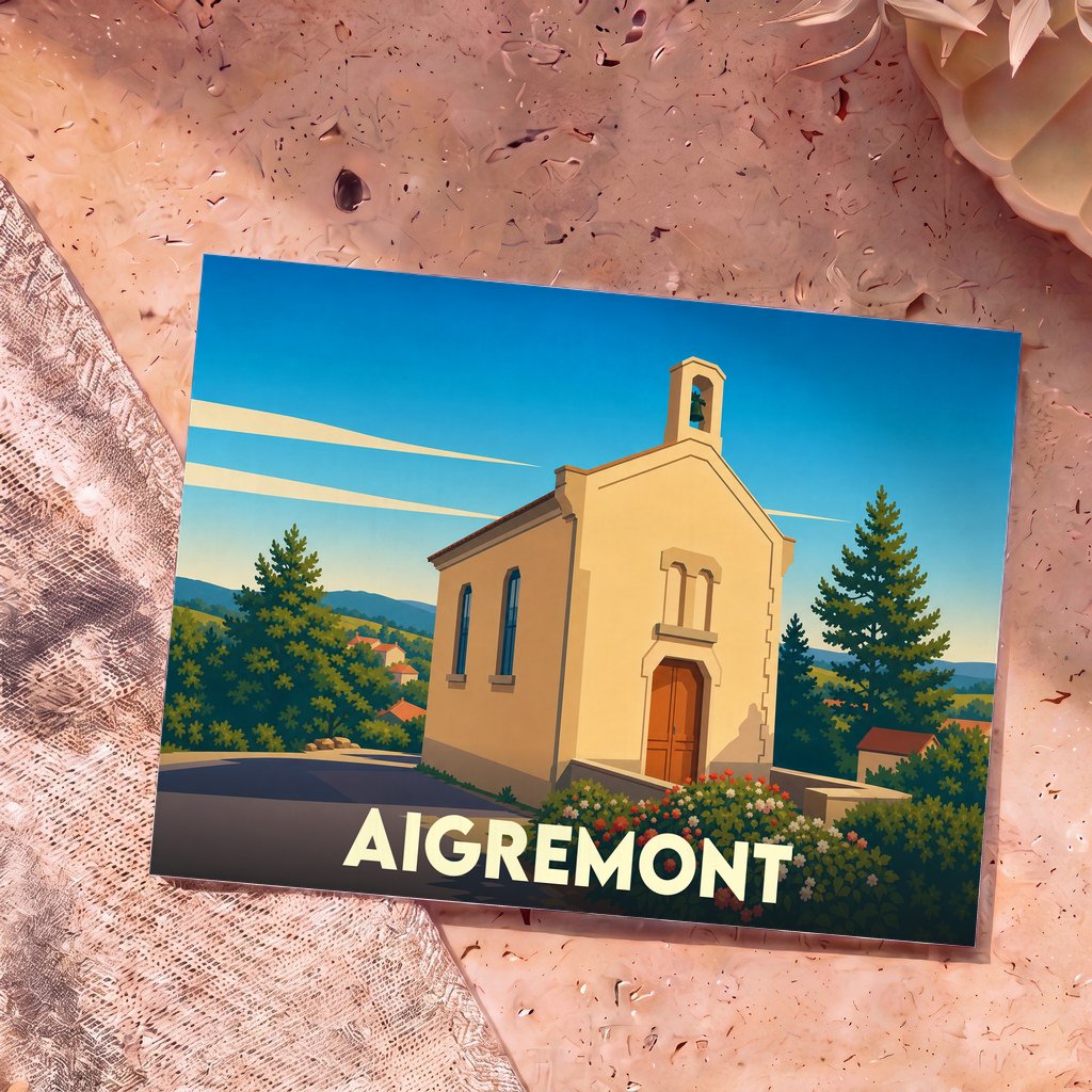 Carte postale souvenir de la ville d'Aigremont avec une illustration stylisée de sa chapelle sous un ciel bleu.