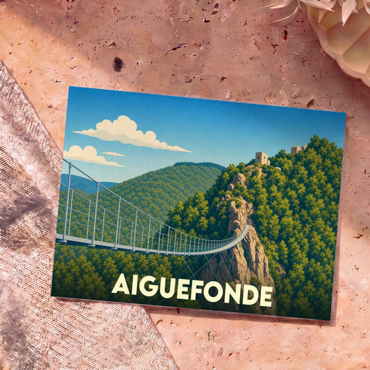 Carte postale souvenir de la ville d'Aiguefonde illustrant une passerelle suspendue dans un paysage montagneux.