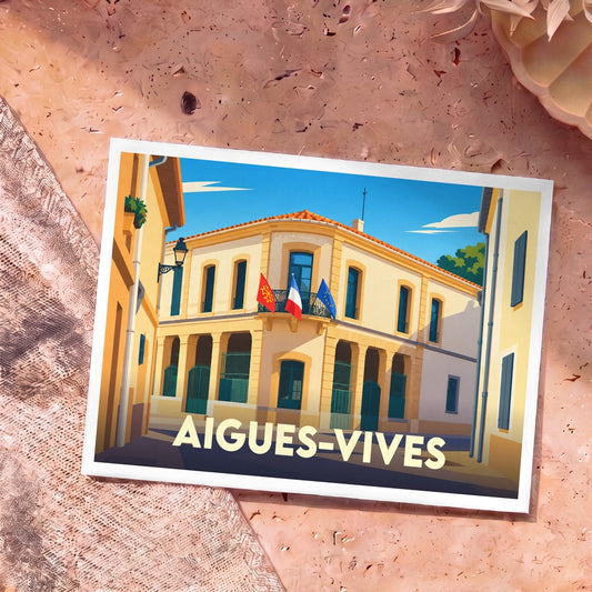Carte postale souvenir de la ville d'Aigues-Vives avec une illustration stylisée de sa mairie.