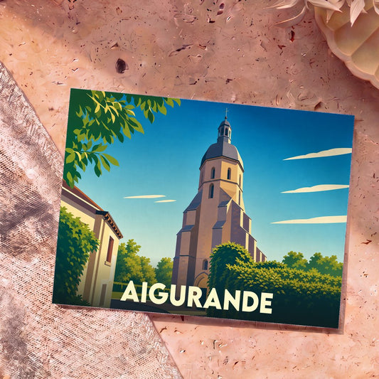 Carte postale souvenir de la ville d'Aigurande avec une illustration stylisée de son église.