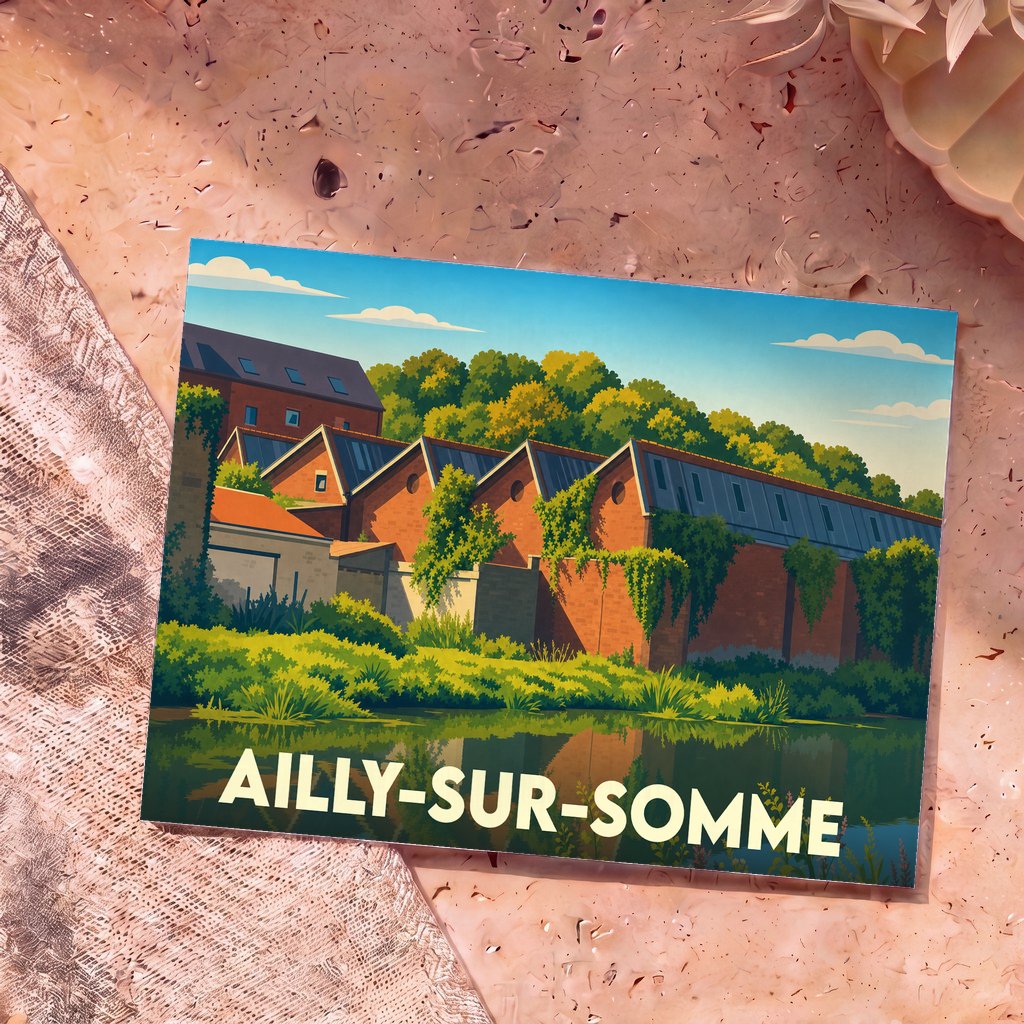Carte postale souvenir de la ville d'Ailly-sur-Somme avec une illustration stylisée de bâtiments en briques au bord de l'eau.
