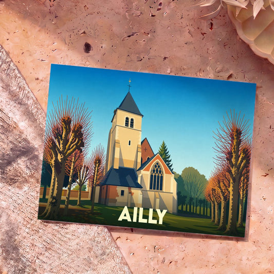 Carte postale souvenir de la ville d'Ailly avec une illustration stylisée de son église entourée d'arbres.