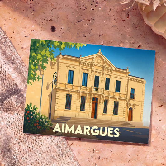 Carte postale souvenir de la ville d'Aimargues avec une illustration stylisée de son hôtel de ville.