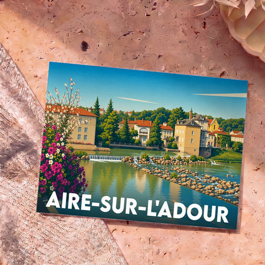 Carte postale souvenir de la ville d'Aire-sur-l'Adour avec une illustration stylisée des bords de l'Adour.