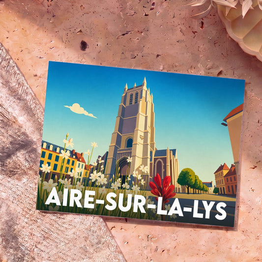 Carte postale souvenir de la ville d'Aire-sur-la-Lys avec une illustration stylisée de sa collégiale.