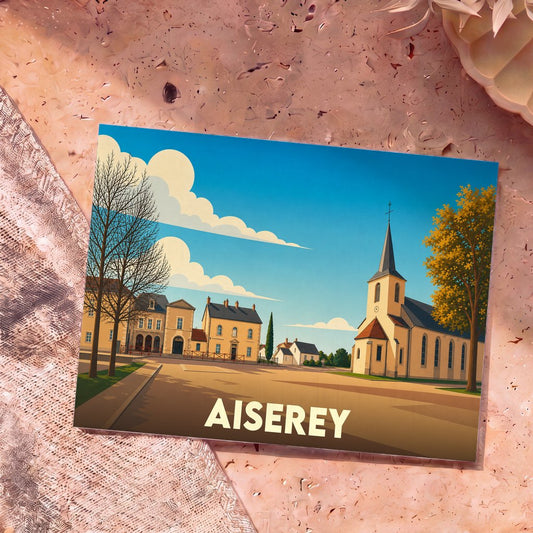 Carte postale souvenir de la ville d'Aiserey avec une illustration stylisée montrant son église et ses bâtiments sous un ciel bleu.