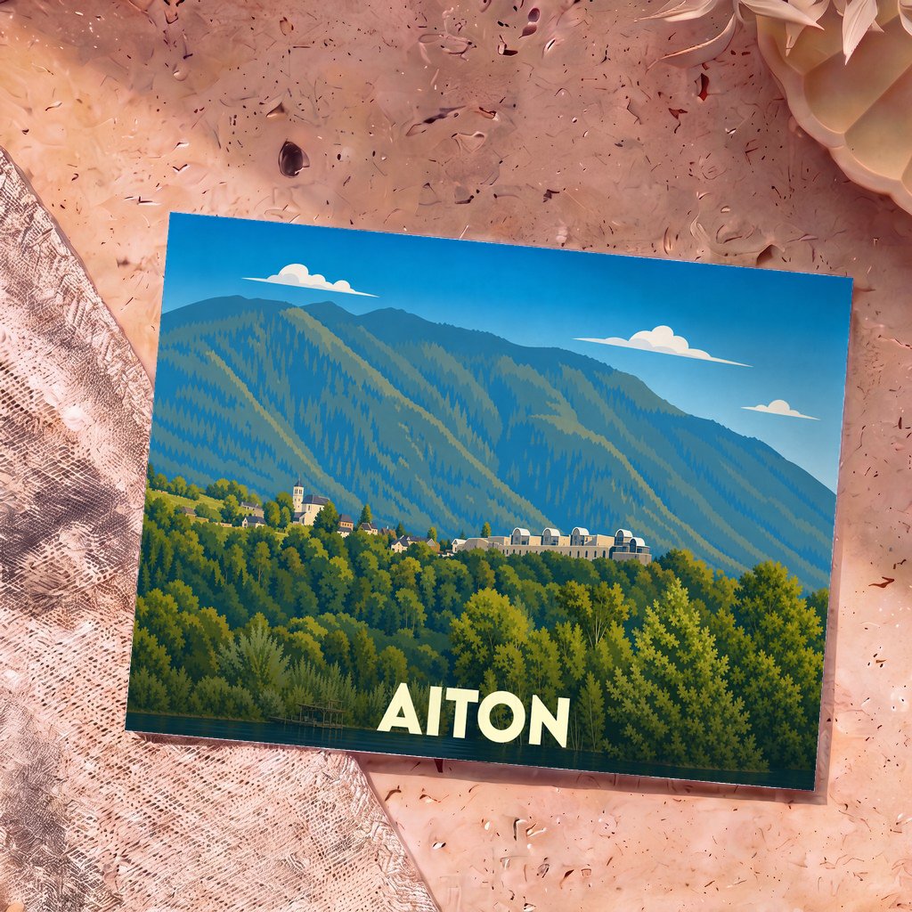 Carte postale souvenir de la ville d'Aiton avec une illustration stylisée de ses montagnes et de ses paysages.