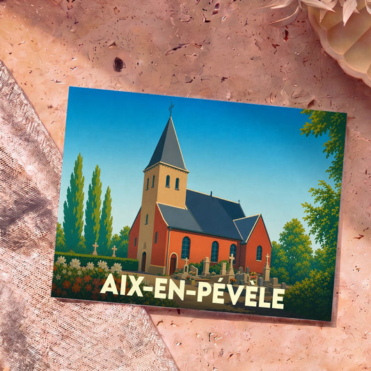 Carte postale souvenir de la ville d'Aix-en-Pévèle avec une illustration stylisée de son église.