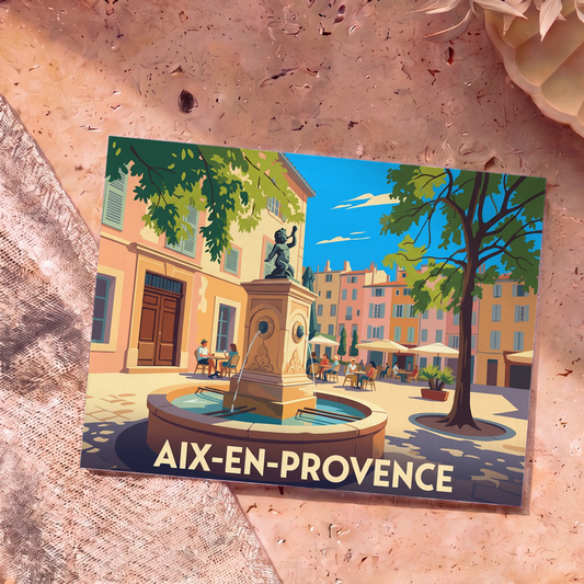 Carte postale souvenir de la ville d'Aix-en-Provence avec une illustration stylisée d'une fontaine sur une place ensoleillée.