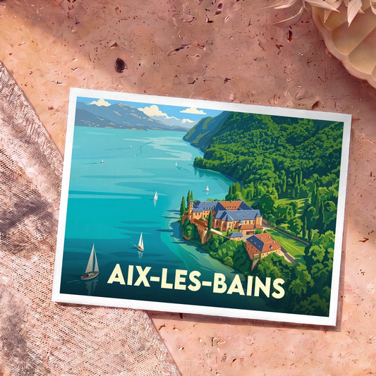 Carte postale souvenir de la ville d'Aix-les-Bains avec une illustration stylisée du lac du Bourget et de l'abbaye d'Hautecombe.