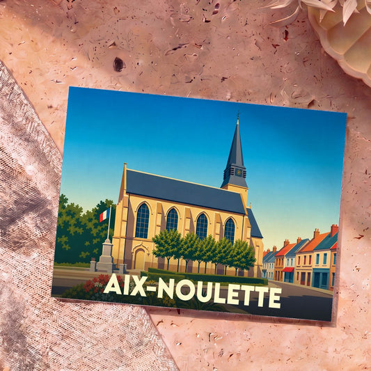 Carte postale souvenir de la ville d'Aix-Noulette avec une illustration stylisée de l'église et d'une rue typique.