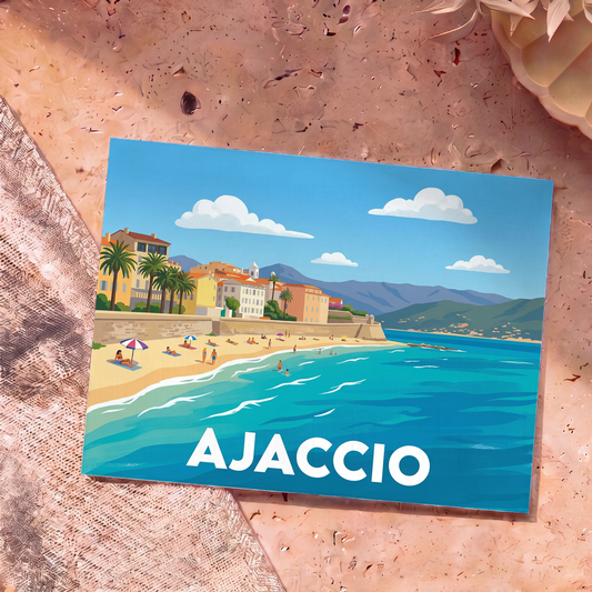 Carte postale souvenir de la ville d'Ajaccio représentant une plage ensoleillée avec une illustration stylisée.