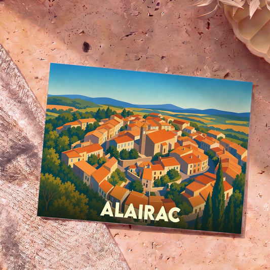 Carte postale souvenir de la ville d'Alairac avec une illustration stylisée d'un village circulaire niché dans les collines.