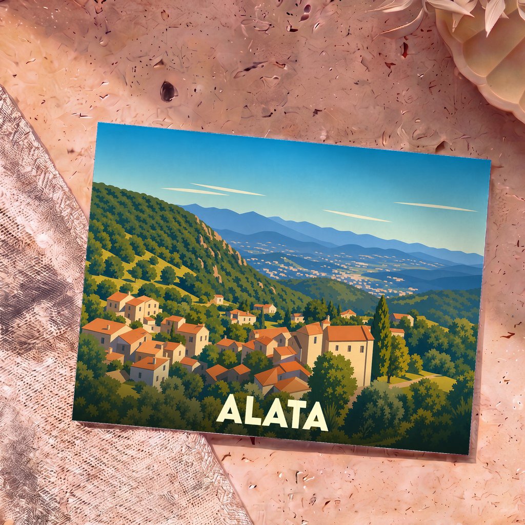 Carte postale souvenir de la ville d'Alata avec une illustration stylisée de son paysage vallonné.