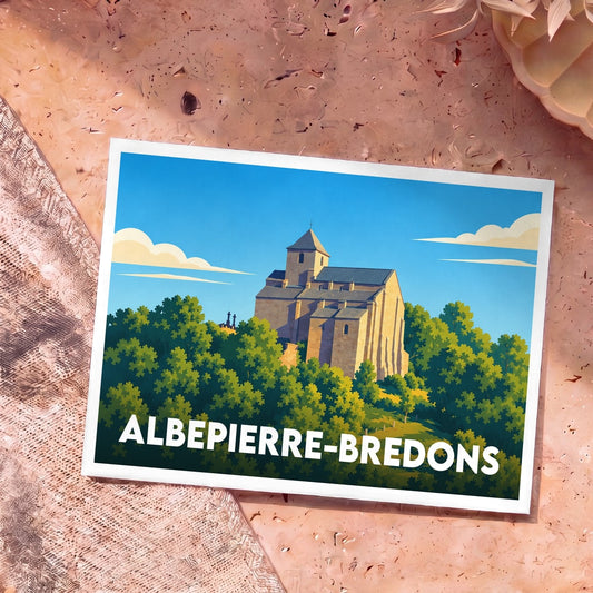 Carte postale souvenir de la ville d'Albepierre-Bredons avec une illustration stylisée de son église médiévale.