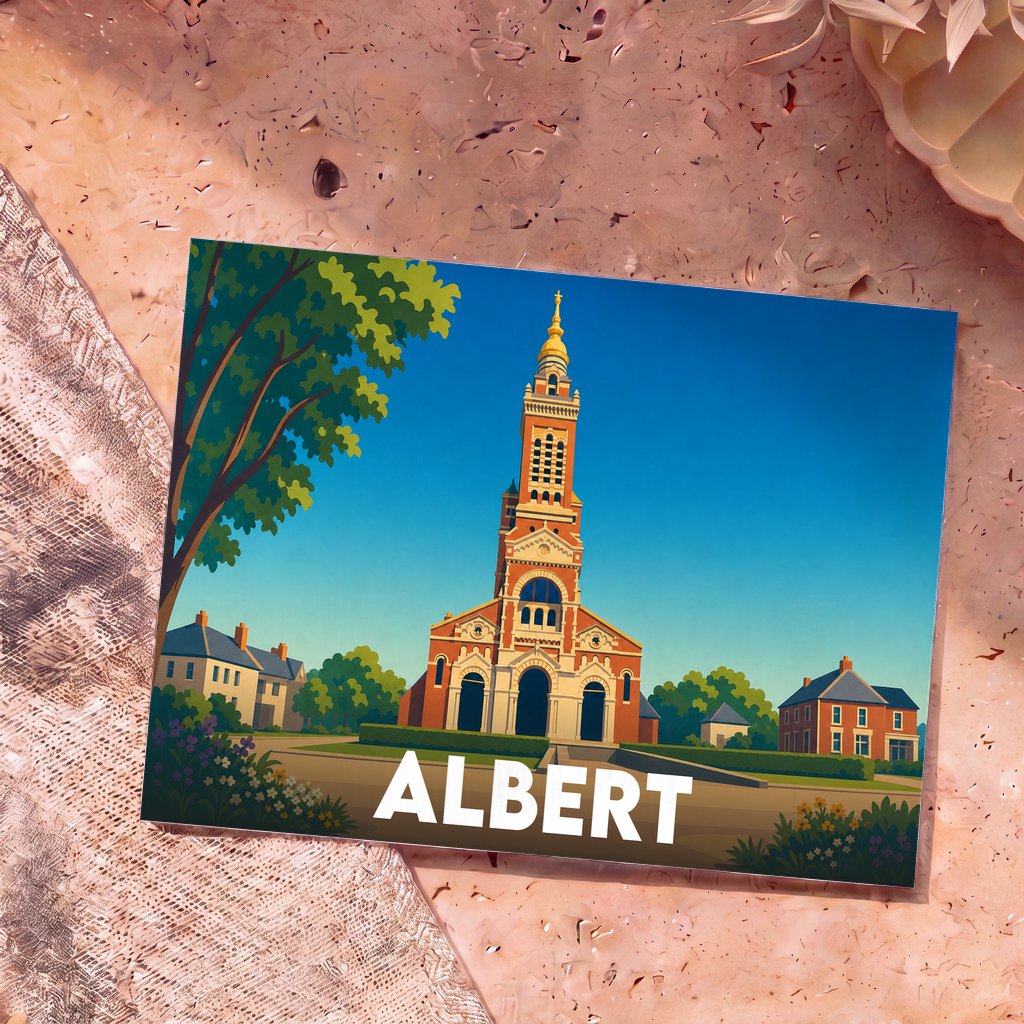 Carte postale souvenir de la ville d'Albert avec une illustration stylisée de sa basilique.