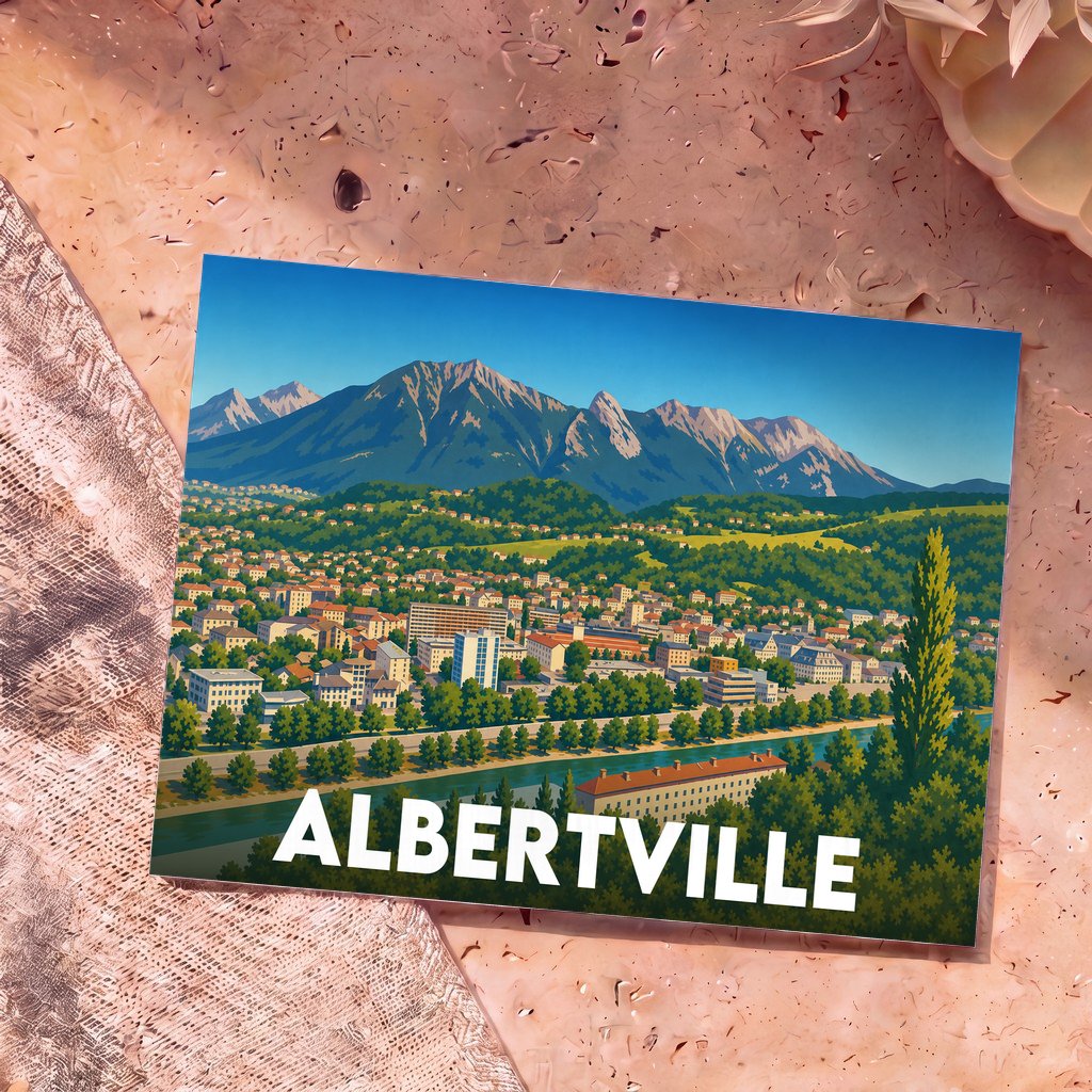 Carte postale souvenir de la ville d'Albertville avec une illustration stylisée montrant la ville au pied des montagnes.