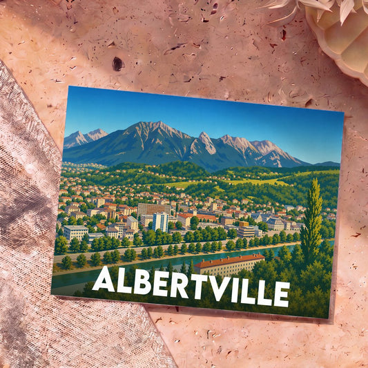 Carte postale souvenir de la ville d'Albertville avec une illustration stylisée montrant la ville au pied des montagnes.