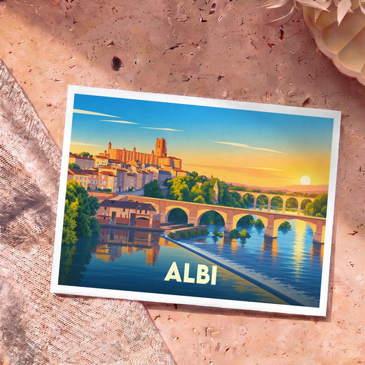 Carte postale souvenir de la ville d'Albi avec une illustration stylisée représentant la cathédrale et le Vieux Pont au coucher du soleil.