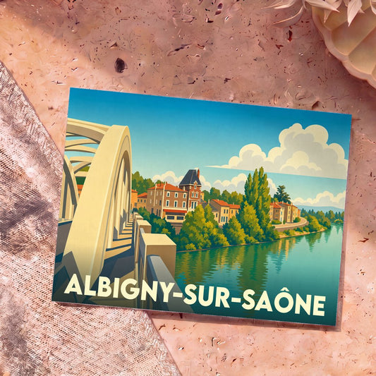 Carte postale souvenir d'Albigny-sur-Saône avec une illustration stylisée de son pont et des bords de Saône.