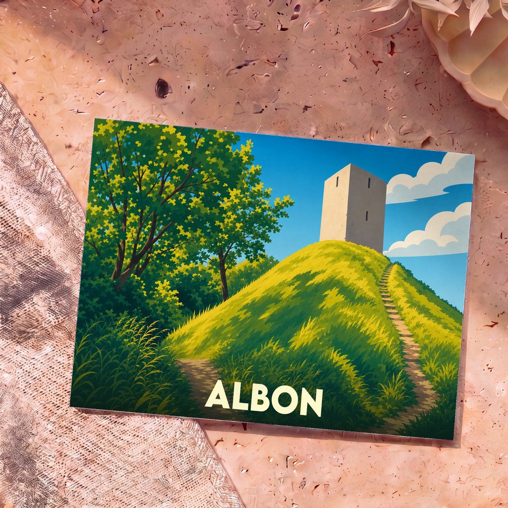Carte postale souvenir de la ville d'Albon illustrant sa tour médiévale sur une colline verdoyante.