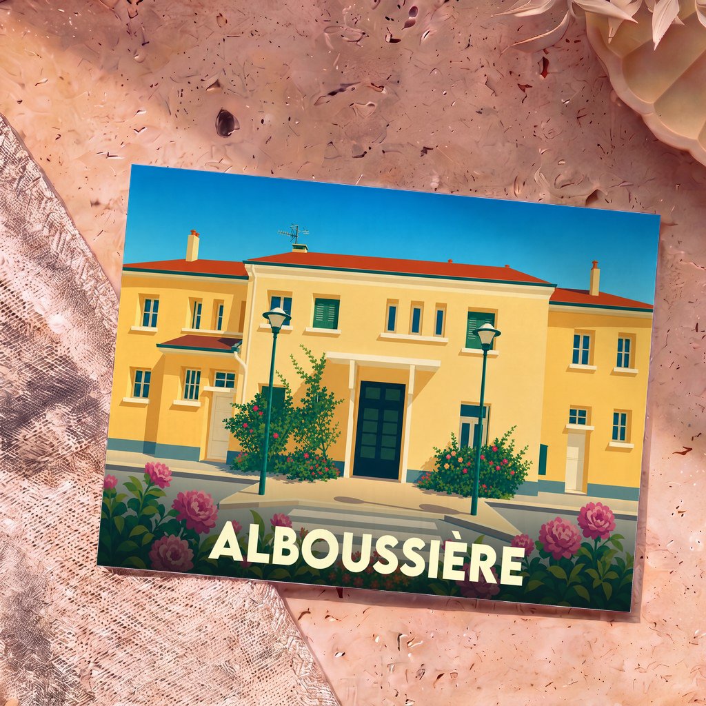 Carte postale souvenir de la ville d'Alboussière illustrant une façade de bâtiment colorée sous un ciel bleu.