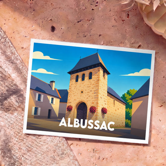 Carte postale souvenir de la ville d'Albussac avec une illustration stylisée de son église en pierre.