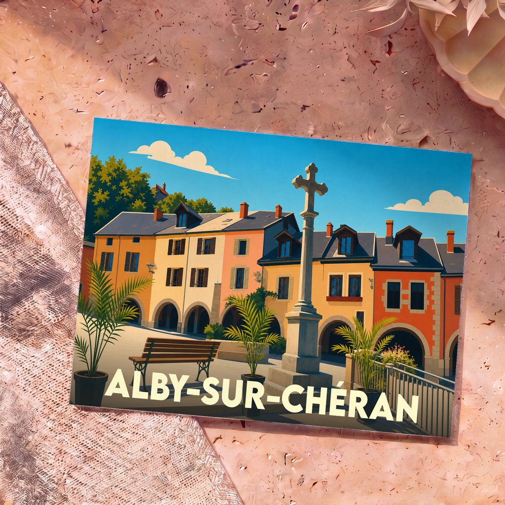 Carte postale souvenir de la ville d'Alby-sur-Chéran avec une illustration stylisée de sa place médiévale colorée.