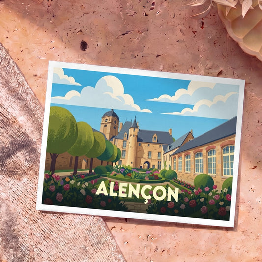 Carte postale souvenir de la ville d'Alençon avec une illustration stylisée de son château et de ses jardins fleuris.